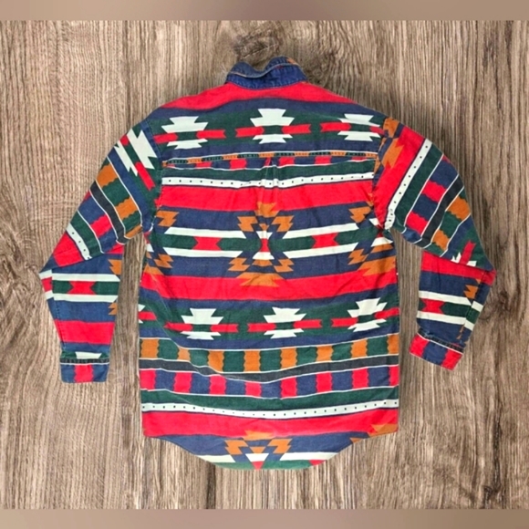 Vintage Men's New River J. Riggings Western Aztec Denim Longsleeve Button Up Top - Picture 10 of 13